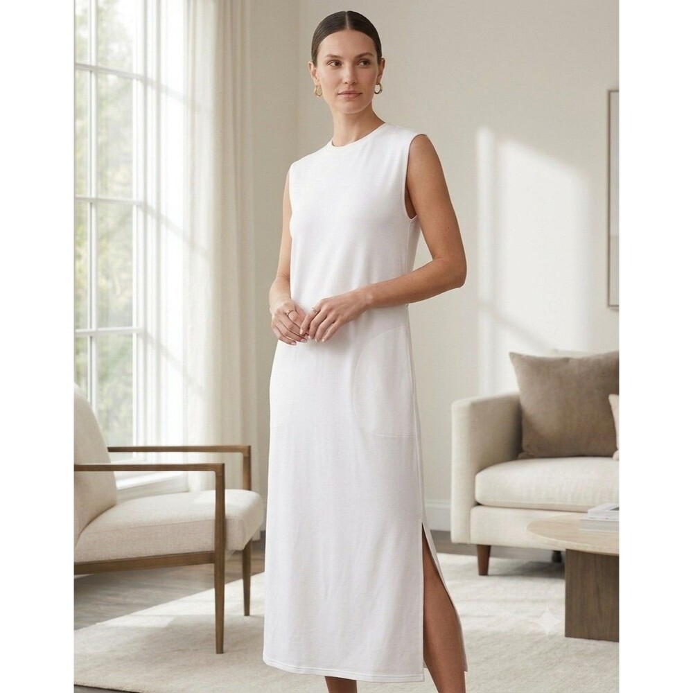 Spanx White Sleeveless Maxi Dress  Womens Pockets Slit SZ M summer‎ Chic No Belt